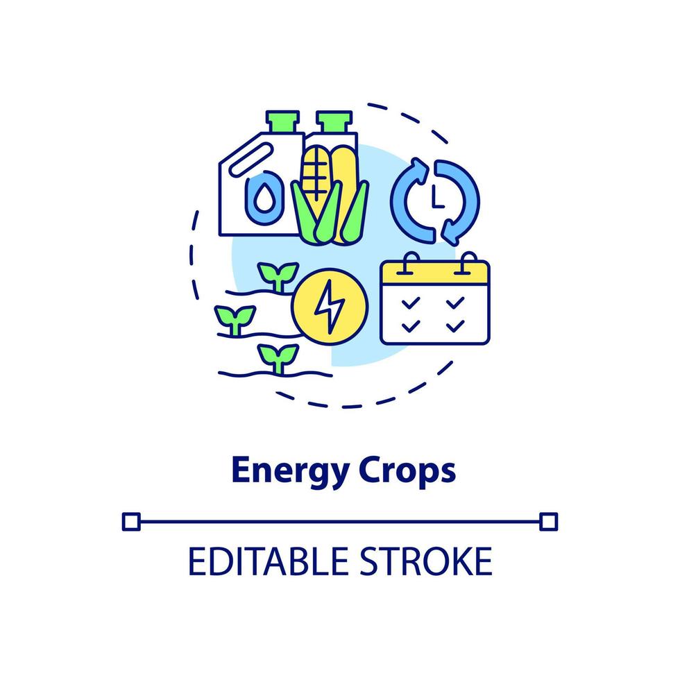 icono del concepto de cultivos energéticos. producción de bioenergía idea abstracta ilustración de línea delgada. fuente de energía de biomasa en la granja. dibujo de contorno aislado. trazo editable. roboto-medium, innumerables fuentes pro-bold utilizadas vector