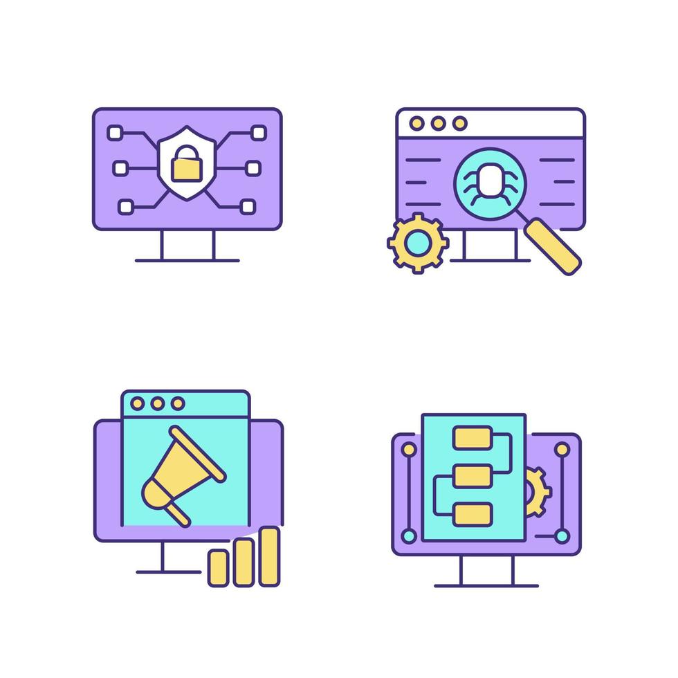 Use of digital technologies RGB color icons set. Staying safe online. Software testing. Product promotion. Isolated vector illustrations. Simple filled line drawings collection. Editable stroke