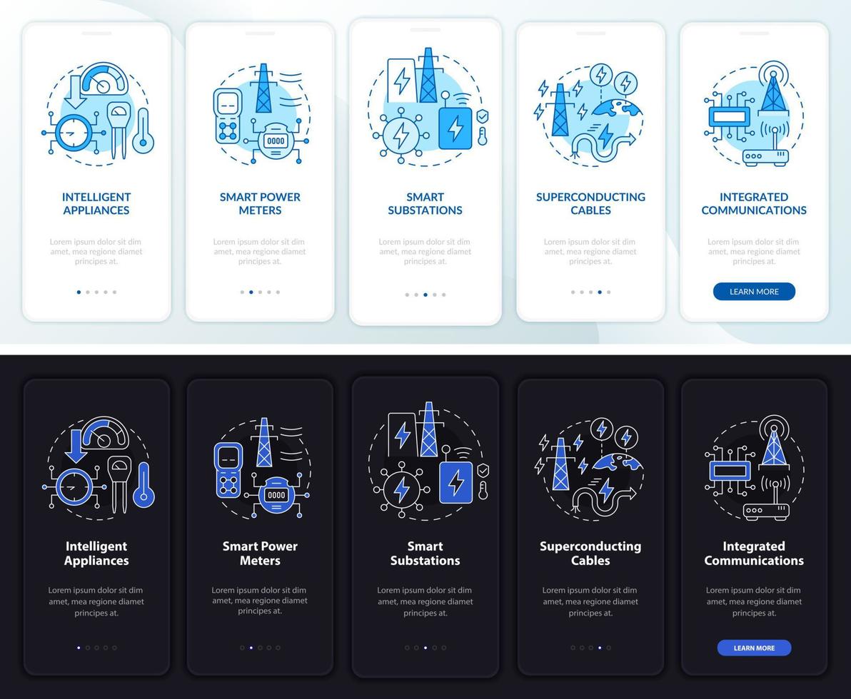 Smart grid build night and day mode onboarding mobile app screen. System walkthrough 5 steps graphic instructions pages with linear concepts. UI, UX, GUI template. Myriad Pro-Bold, Regular fonts used vector