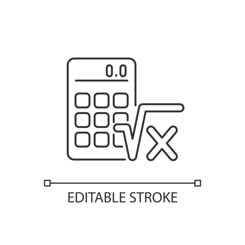 Algebra linear icon. Calculator, radical symbol. Mathematical calculations. Solving equation. Thin line customizable illustration. Contour symbol. Vector isolated outline drawing. Editable stroke
