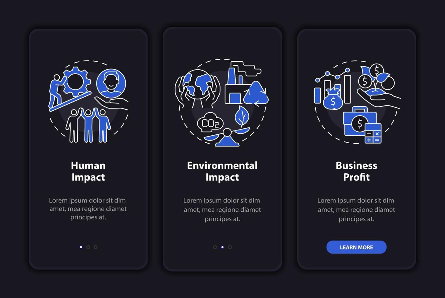 Social entrepreneurship success dark onboarding mobile app page screen. Walkthrough 5 steps graphic instructions with concepts. UI, UX, GUI vector template with linear night mode illustrations