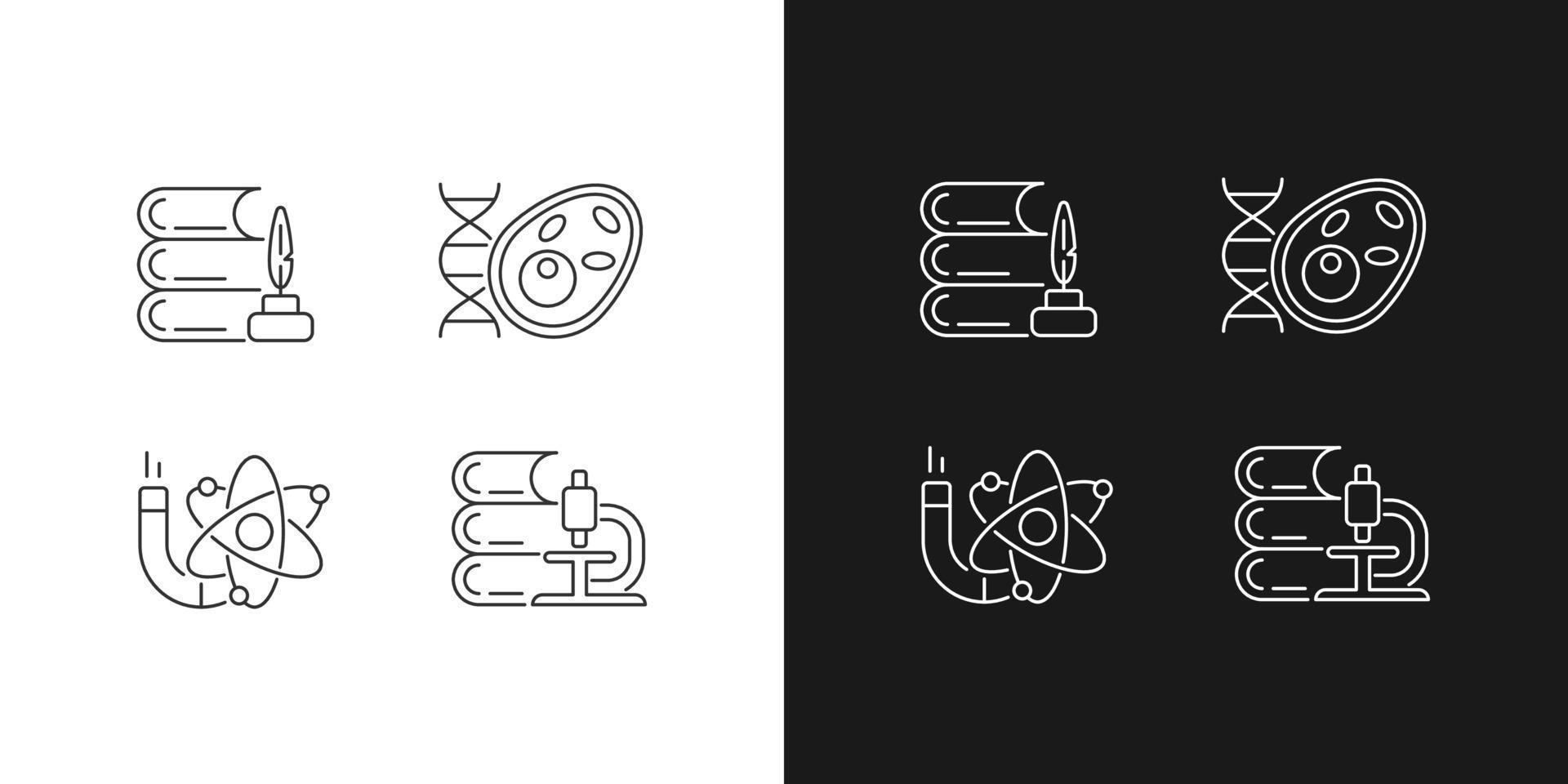 Diversity of subjects in school linear icons set for dark and light mode. Humanities and applied sciences. Customizable thin line symbols. Isolated vector outline illustrations. Editable stroke