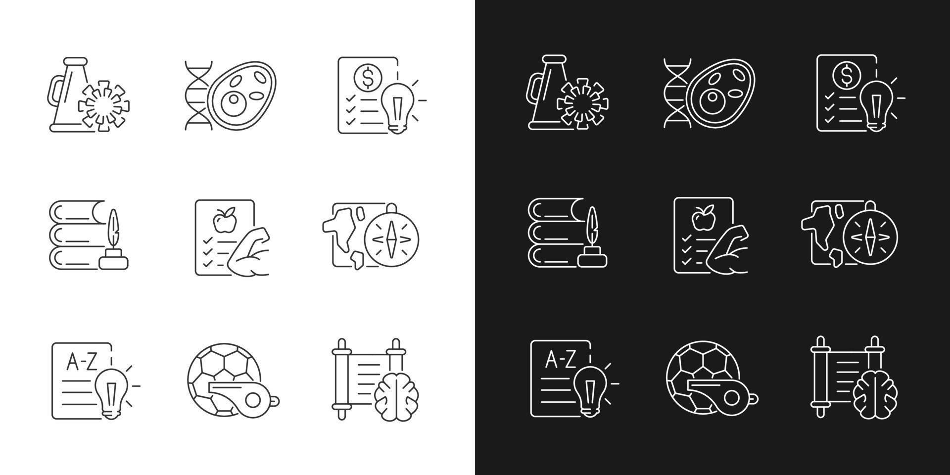 Various school subjects linear icons set for dark and light mode. . Health course in educational institutions. Customizable thin line symbols. Isolated vector outline illustrations. Editable stroke