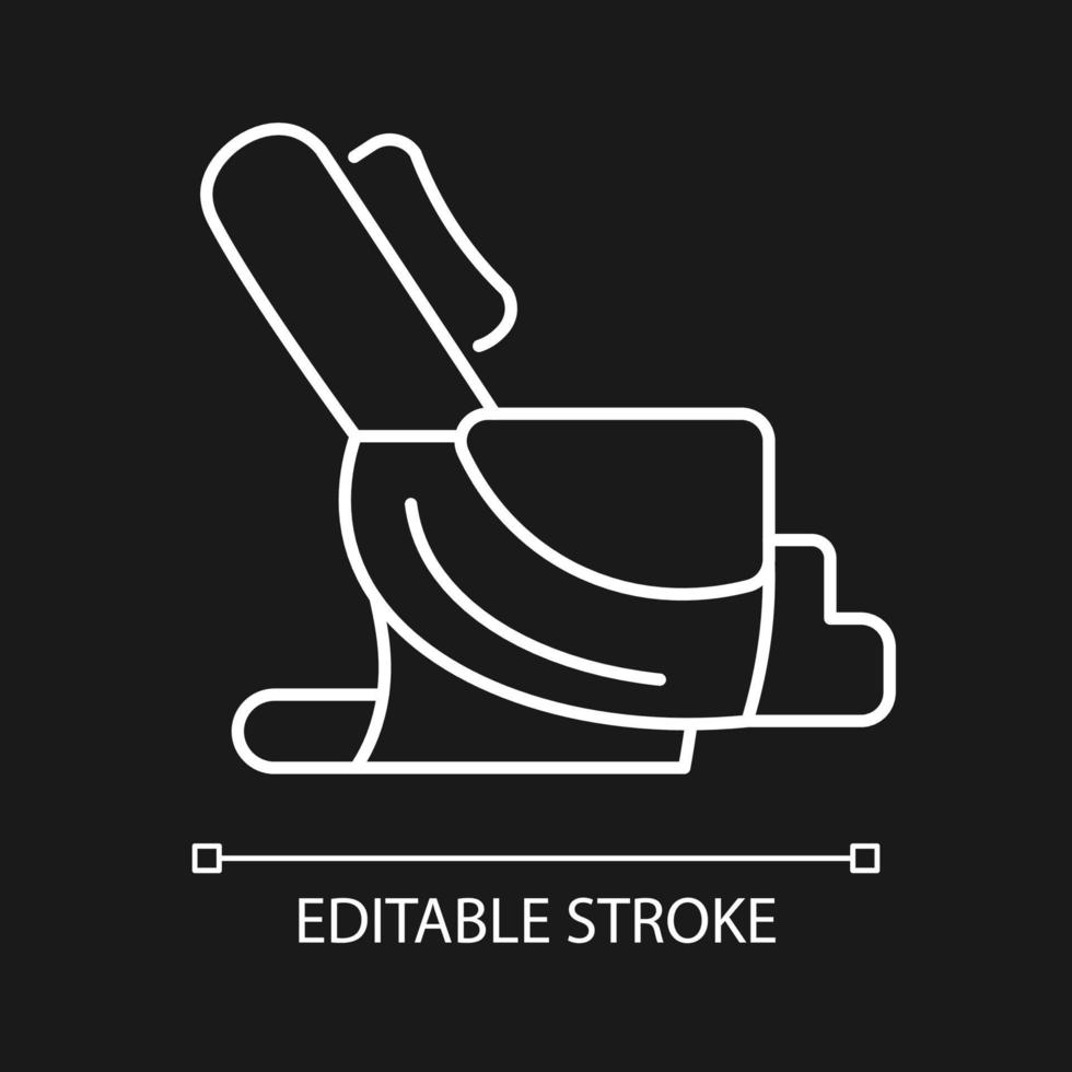 Massage chair white linear icon for dark theme. Massaging equipment. Spa salon, center. Body care. Thin line customizable illustration. Isolated vector contour symbol for night mode. Editable stroke