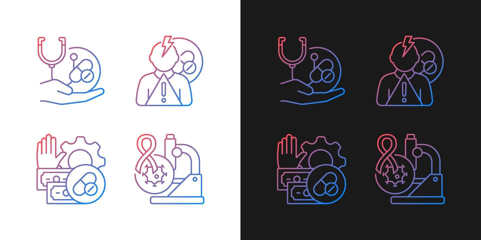Drug-potency studies gradient icons set for dark and light mode. Improving treatment. Thin line contour symbols bundle. Isolated vector outline illustrations collection on black and white