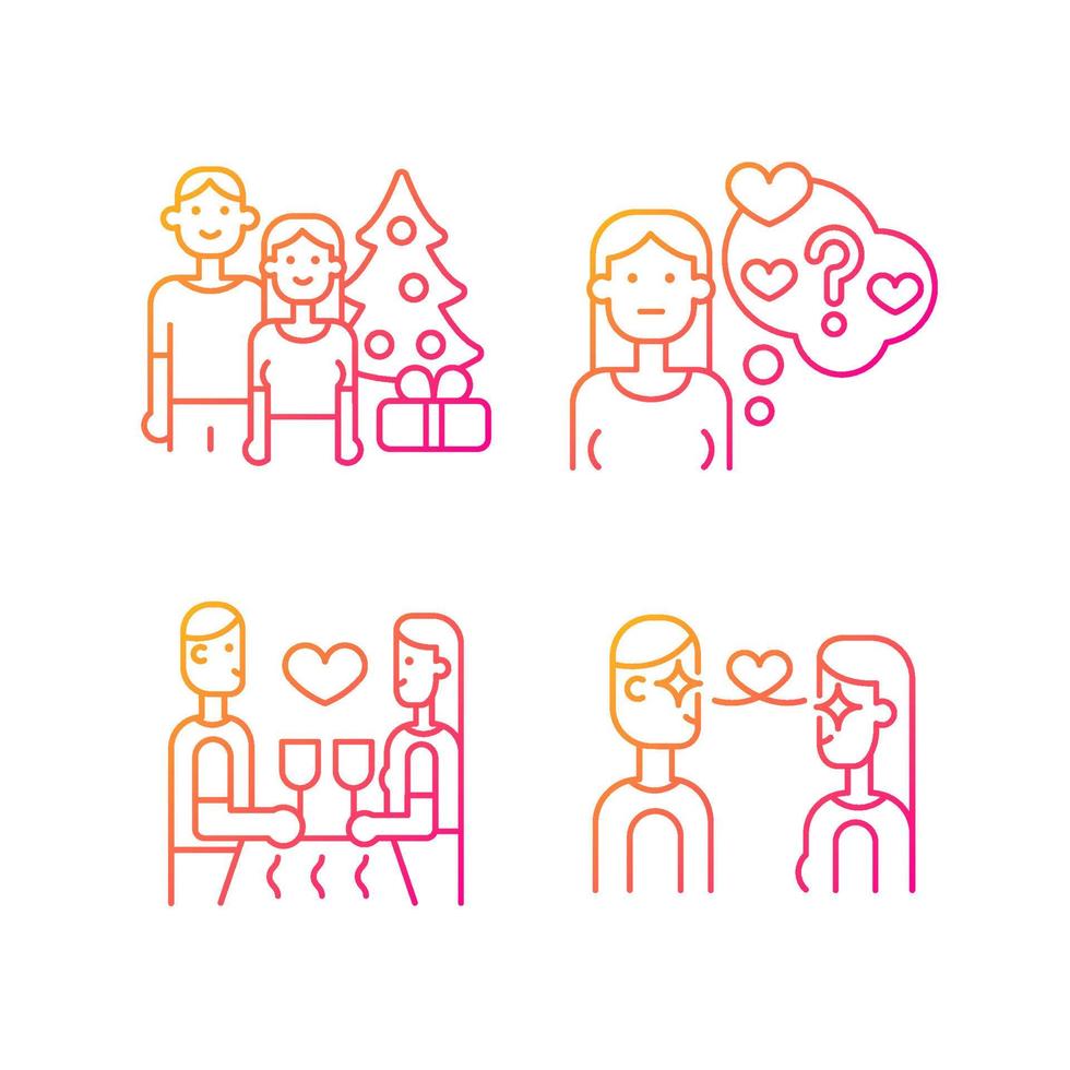 Couple in love gradient linear vector icons set. Love at first sight. Spending holidays. Doubting stage of relationship. Thin line contour symbols bundle. Isolated outline illustrations collection