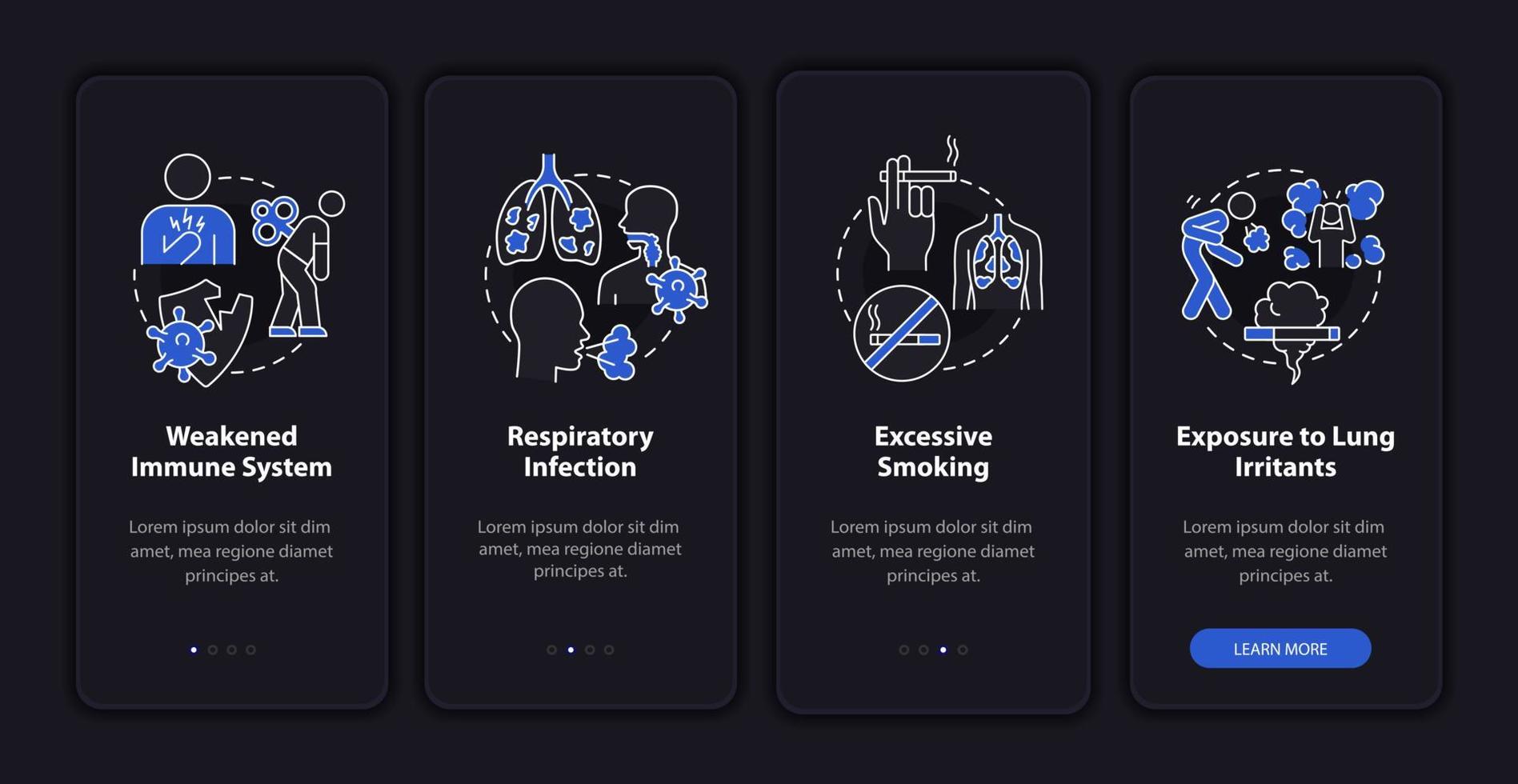 factores que conducen a la neumonía al incorporar la pantalla de la página de la aplicación móvil. Tutorial de inmunidad débil 4 pasos instrucciones gráficas con conceptos. ui, ux, plantilla vectorial gui con ilustraciones lineales en modo nocturno vector