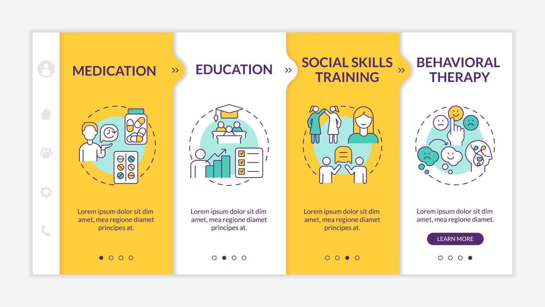 Adult ADHD management onboarding vector template. Responsive mobile website with icons. Web page walkthrough 4 step screens. Social skills training color concept with linear illustrations