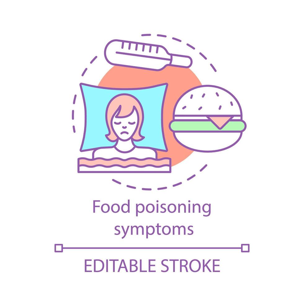 Food poisoning symptom concept icon. Indigestion idea thin line illustration. Foodborne diseases. Sickness. Fever, high temperature. Vector isolated outline drawing. Editable stroke
