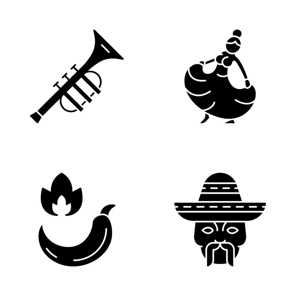 Mexican culture glyph icons set. Latin music, food, people, dance. Trumpet, woman dancer, hot pepper, head with mustache and sombrero. Silhouette symbols. Vector isolated illustration