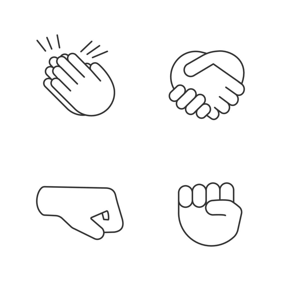 Conjunto de iconos lineales de emojis de gestos de mano. símbolos de contorno de línea delgada. aplausos, felicitaciones, gestos de apretón de manos. puños derechos y levantados. ilustraciones aisladas de contorno vectorial. trazo editable vector