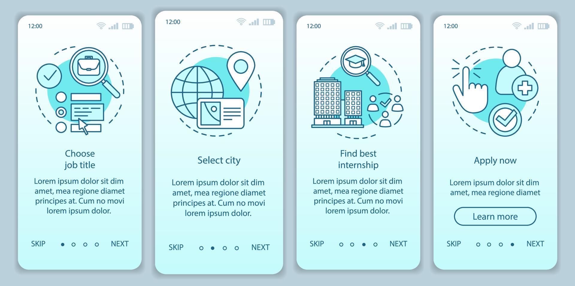 Internship program onboarding mobile app page screen vector template. Work searching software. Student practice. Walkthrough website step, linear illustration. UX, UI, GUI smartphone interface concept