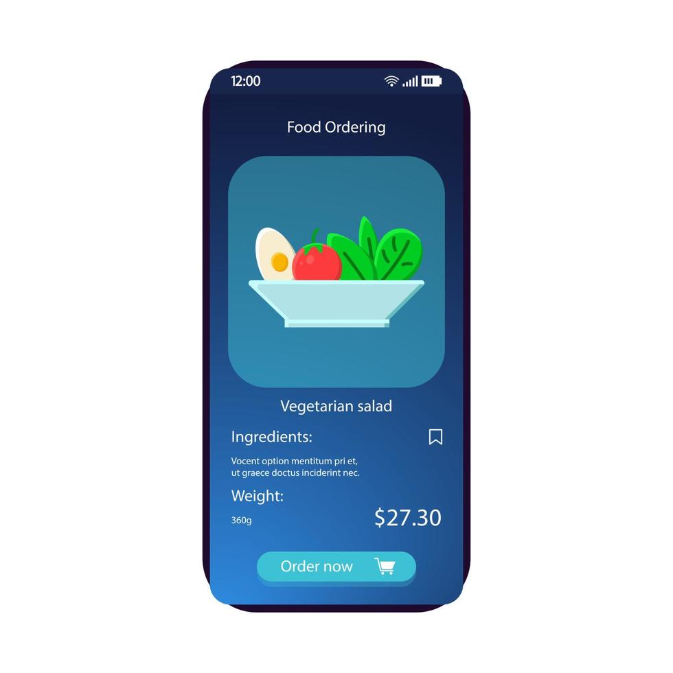 Food ordering app smartphone interface vector template. Mobile page blue design layout. Vegetarian salad screen. Flat UI for application. Online food delivery. Restaurant, cafe menu. Phone display