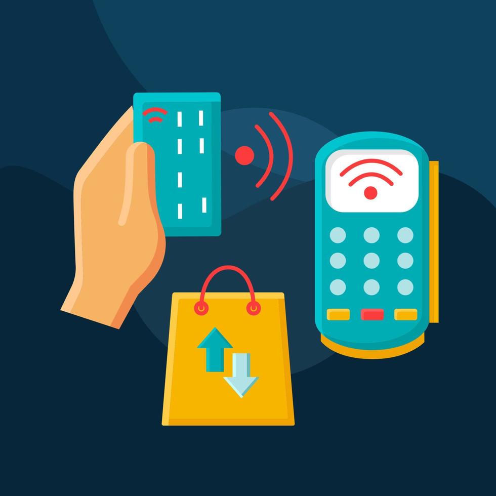 Retail flat concept vector icon. NFC idea cartoon color illustrations set. Merchant services. Contactless payment. POS terminal purchase. E-payment. NFC credit card. Isolated graphic design element
