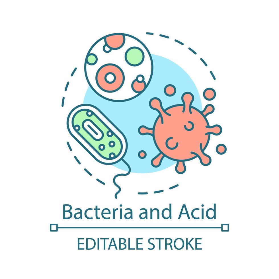 Bacteria and acid concept icon. Oral flora. Pathogens. Causes of tooth decay. Pathogenic microflora. Viruses and protozoa idea thin line illustration. Vector isolated outline drawing. Editable stroke