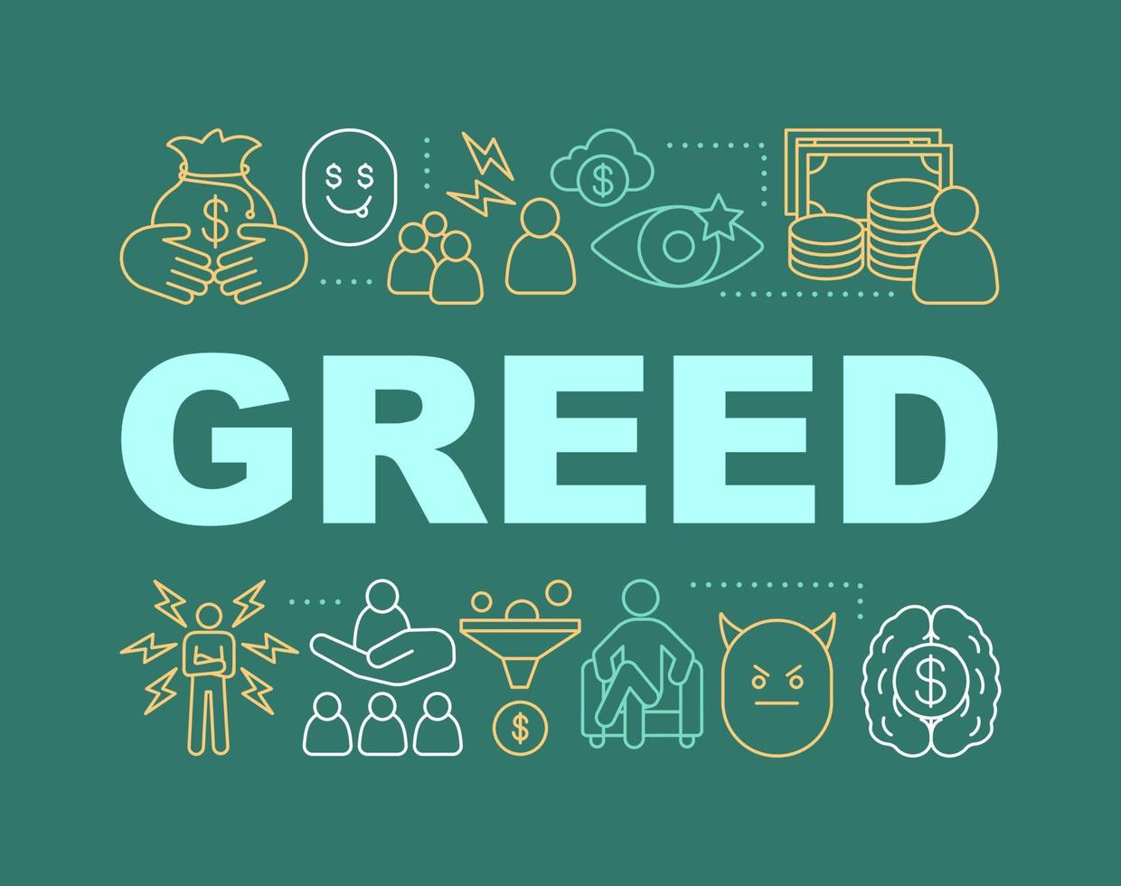 Greed word concepts banner. Pride. Presentation, website. Avarice. Isolated lettering typography idea with linear icons. Vector outline illustration