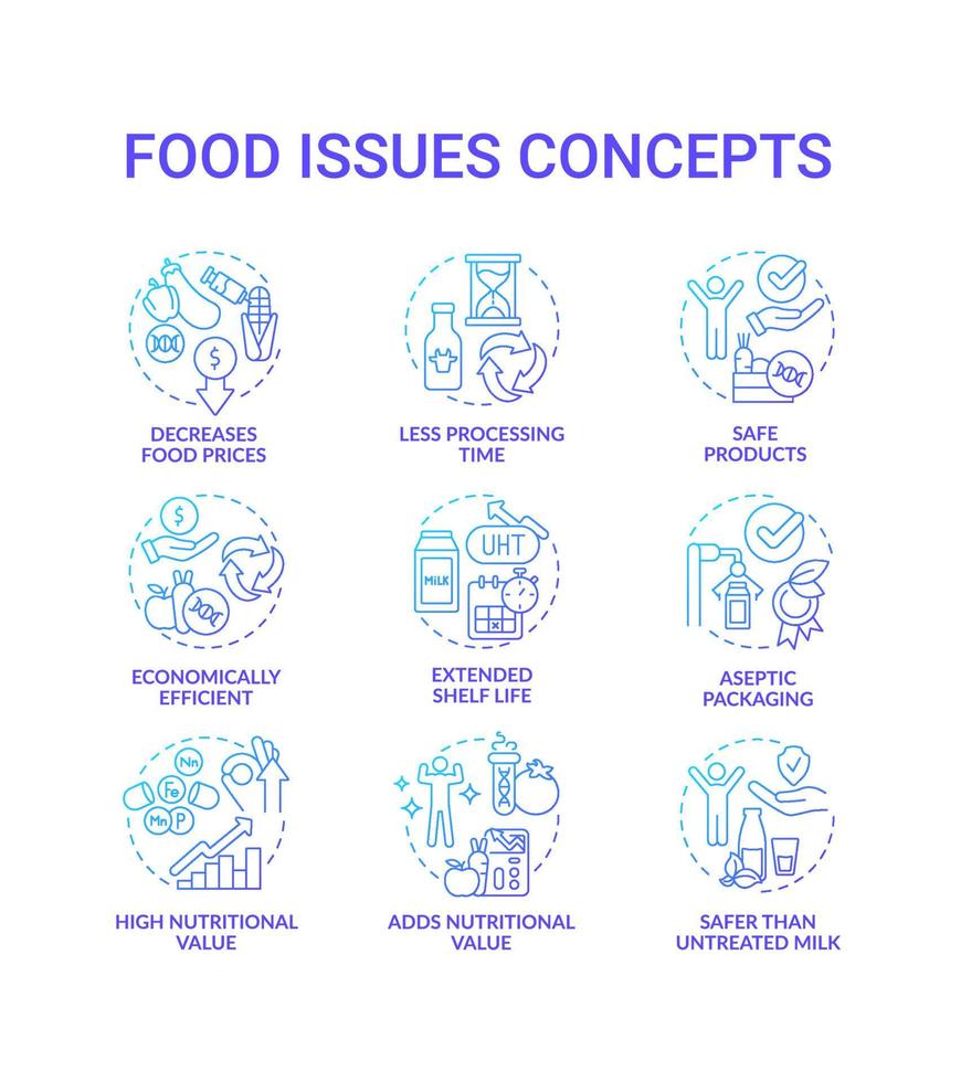 Food issues blue gradient concept icons set. Preserve products. Processing technology idea thin line color illustrations. Isolated symbols. Editable stroke. Roboto-Medium, Myriad Pro-Bold fonts used vector