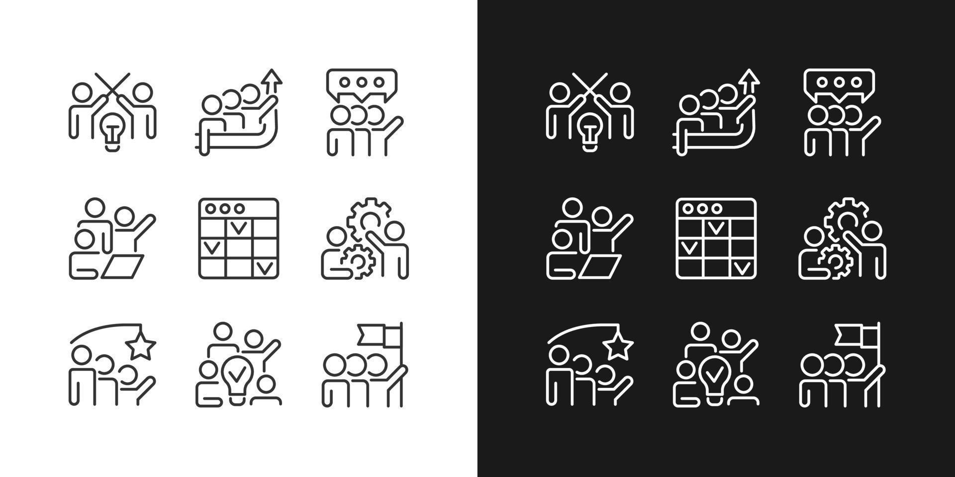 Collaboration pixel perfect linear icons set for dark, light mode. Partnership for cooperating on process. Thin line symbols for night, day theme. Isolated illustrations. Editable stroke vector