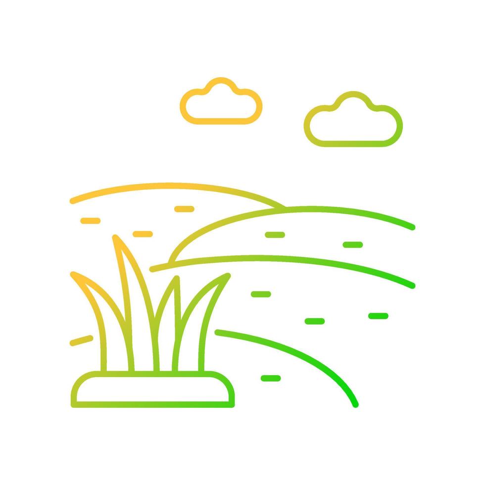 Grassland gradient linear vector icon. Grass covered ground. Land with short vegetation growing. Large grassy field. Thin line color symbol. Modern style pictogram. Vector isolated outline drawing