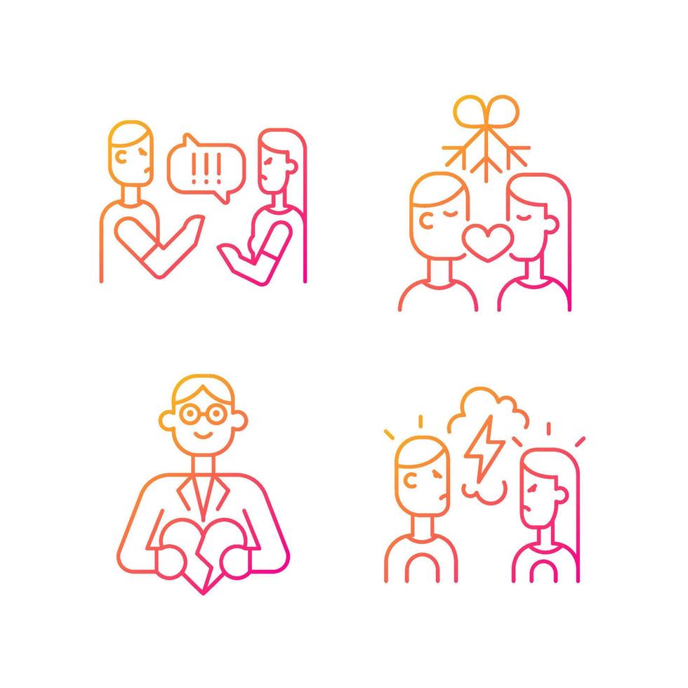 Fighting in relationship gradient linear vector icons set. Criticizing each other. Healthy romance. Family consultant. Thin line contour symbols bundle. Isolated outline illustrations collection