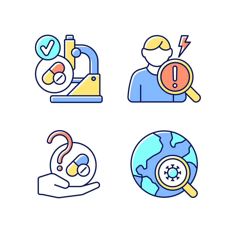 Testing potential treatments RGB color icons set. Successful research. Observational studies. Blind trials. Epidemiological study. Isolated vector illustrations. Simple filled line drawings collection