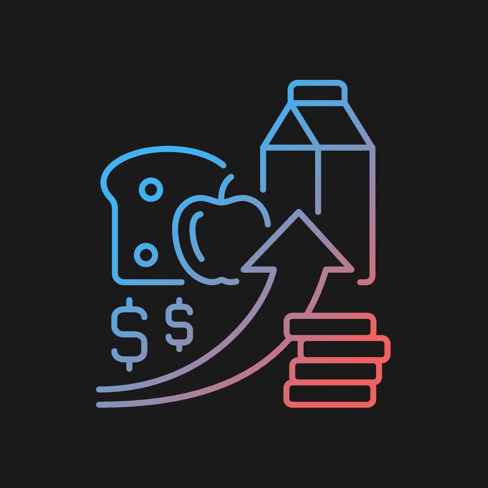 Increasing food prices gradient vector icon for dark theme. Price inflation. Economical issue. Grocery shopping. Thin line color symbol. Modern style pictogram. Vector isolated outline drawing