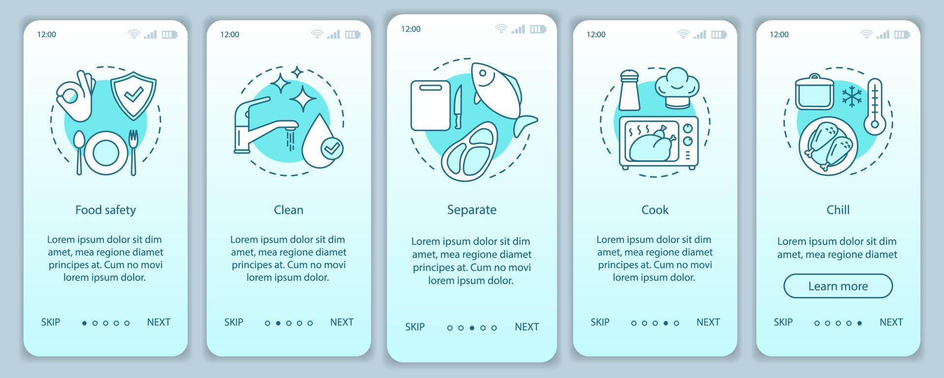 plantilla de vector de pantalla de página de aplicación móvil de incorporación de seguridad alimentaria. procesamiento, manipulación, preparación y almacenamiento de alimentos. prevención de enfermedades transmitidas por los alimentos. paso del sitio web del tutorial. ux, ui, interfaz de teléfono inteligente gui