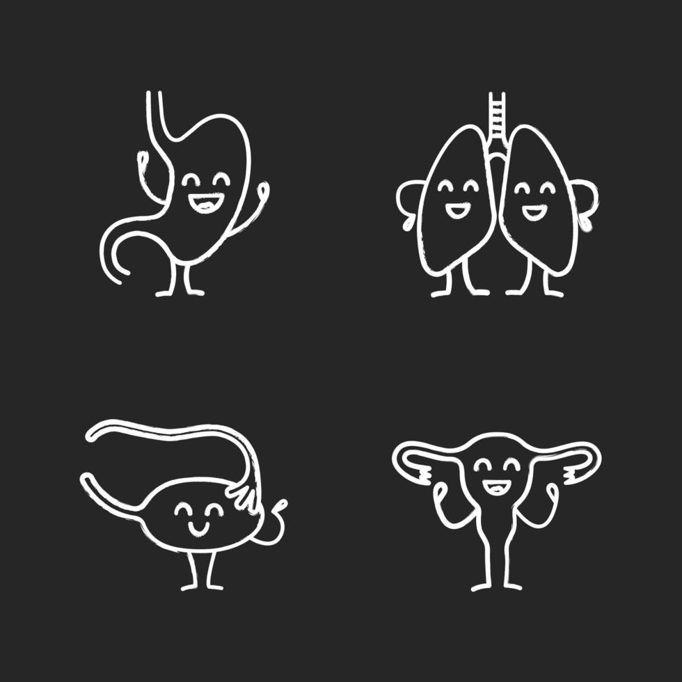 Smiling human internal organs characters chalk icons set. Stomach, lungs, ovary, fallopian tube, uterus. Healthy digestive, respiratory, reproductive systems. Isolated vector chalkboard illustrations