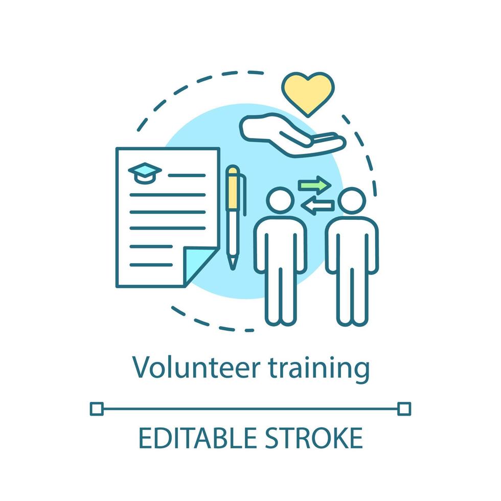 Volunteer training concept icon. Skills based volunteering. Nonprofit organization. Charitable foundation idea thin line illustration. Vector isolated outline drawing. Editable stroke
