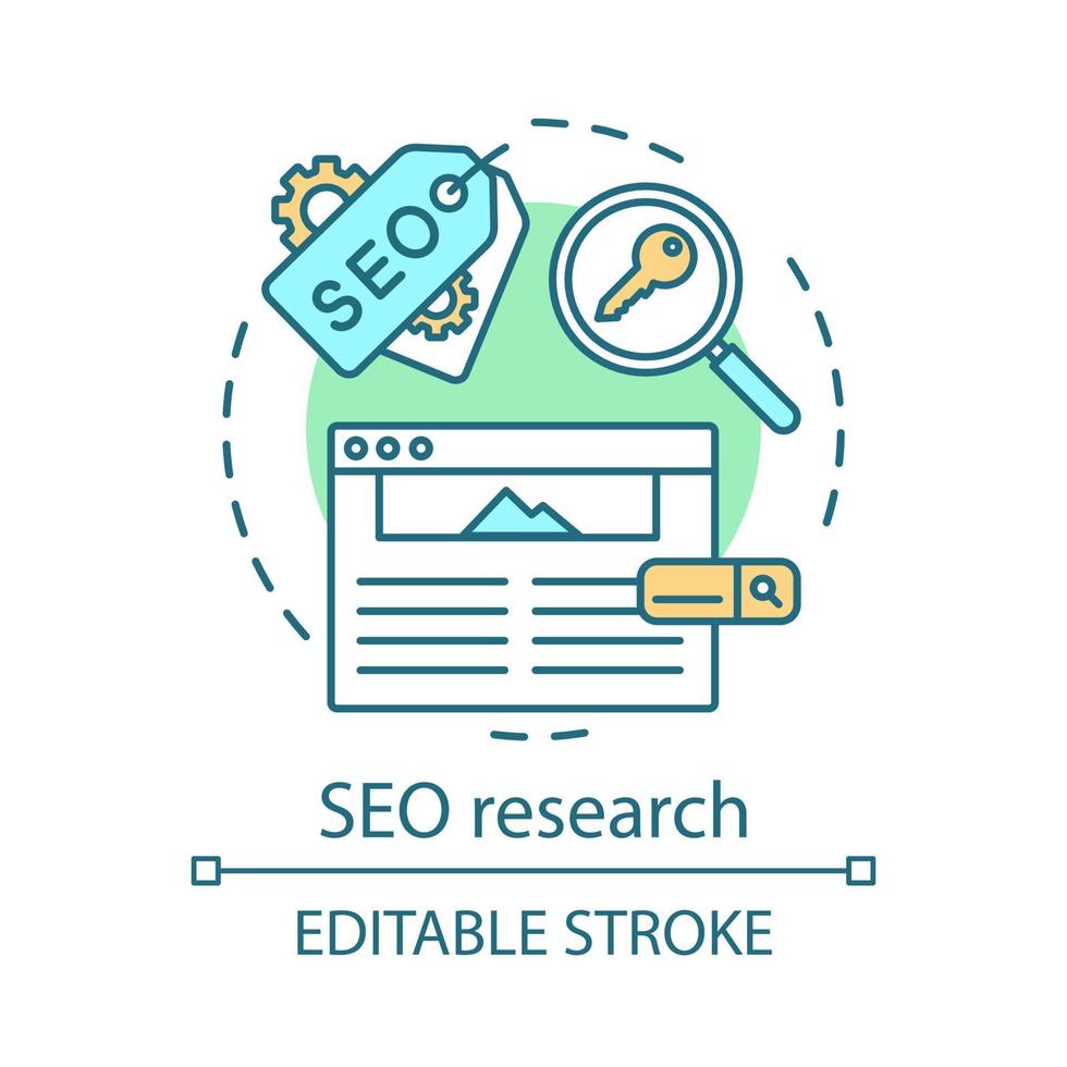 SEO research concept icon. Search engine optimization idea thin line illustration. Digital marketing. SEO analysis. Keyword search. Website ranking. Vector isolated outline drawing. Editable stroke