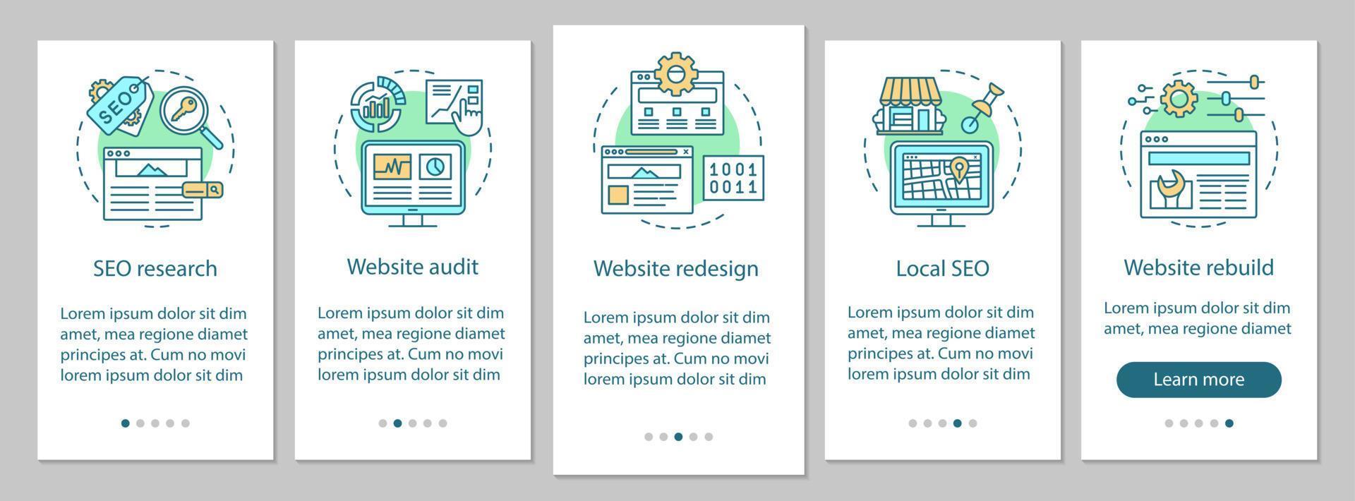 plantilla de vector de pantalla de página de aplicación móvil de incorporación de consultoría web. investigacion seo rediseño del sitio web, auditoría. paso a paso del sitio web con ilustraciones lineales. ux, ui, concepto de interfaz de teléfono inteligente gui