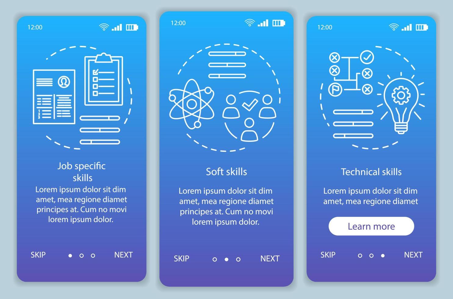 Skills blue gradient onboarding mobile app page screen vector template. Professional qualities walkthrough website steps with linear illustrations. UX, UI, GUI smartphone interface concept