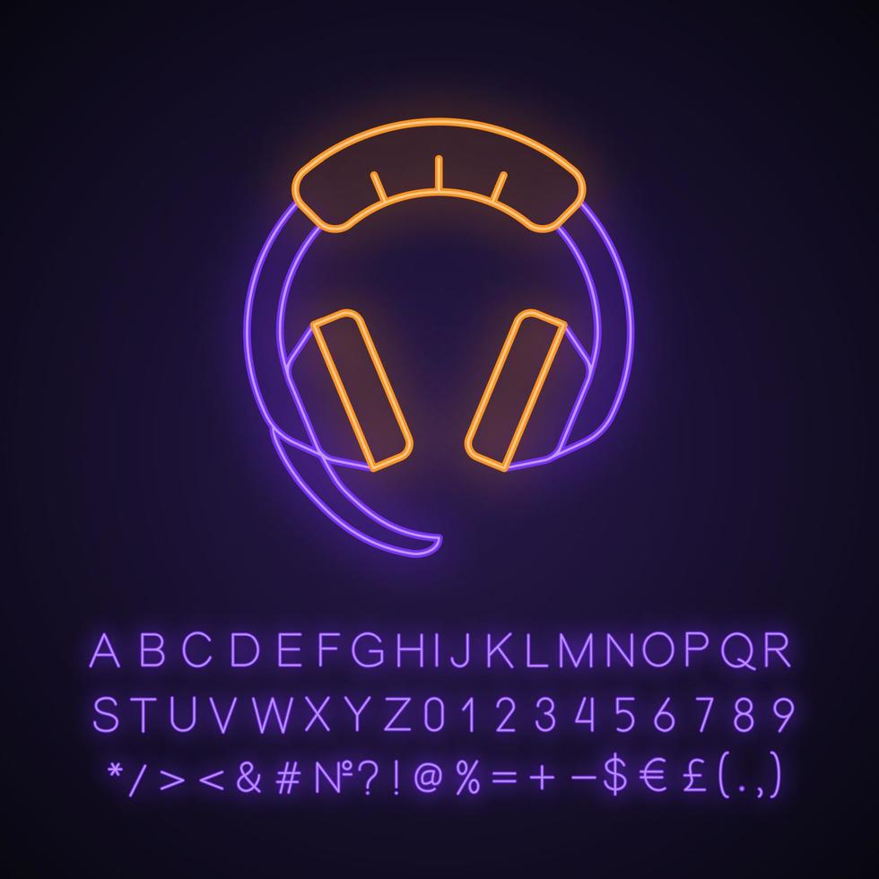 Gaming headset neon light icon. Esports equipment. Computer headphones with microphone. Game device. Glowing sign with alphabet, numbers and symbols. Vector isolated illustration