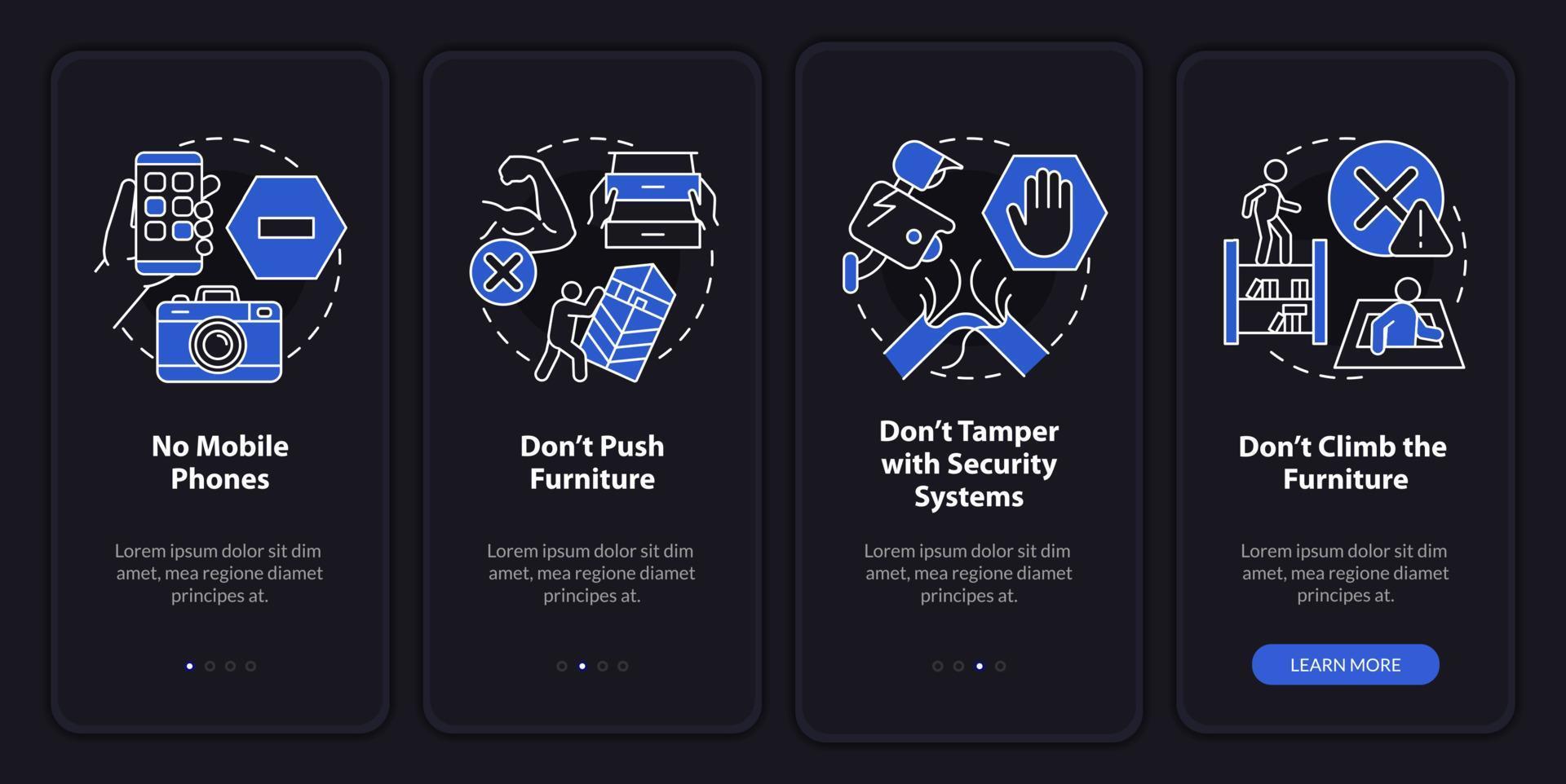 Escape room safety precautions night mode onboarding mobile app screen. Walkthrough 4 steps graphic instructions pages with linear concepts. UI, UX, GUI template. Myriad Pro-Bold, Regular fonts used vector