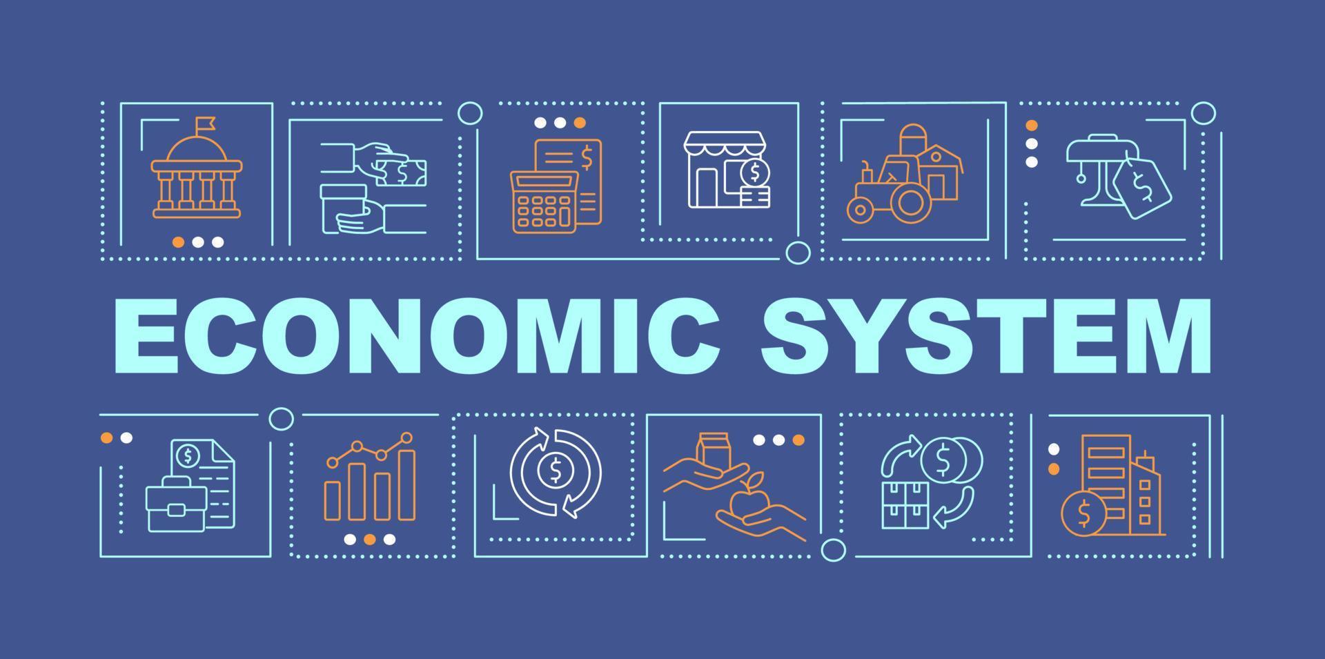 Economic system word concepts dark blue banner. Organization and distribution. Infographics with icons on color background. Isolated typography. Vector illustration with text. Arial-Black font used