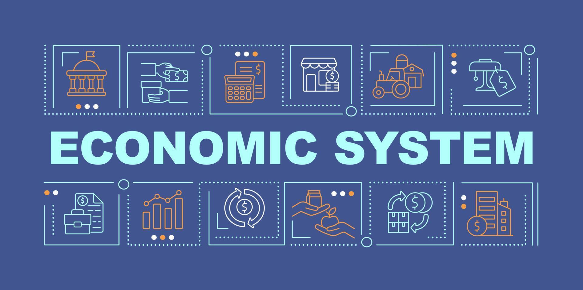 sistema económico conceptos de palabras banner azul oscuro. organización y distribución. infografías con iconos sobre fondo de color. tipografía aislada. ilustración vectorial con texto. fuente arial-black utilizada vector