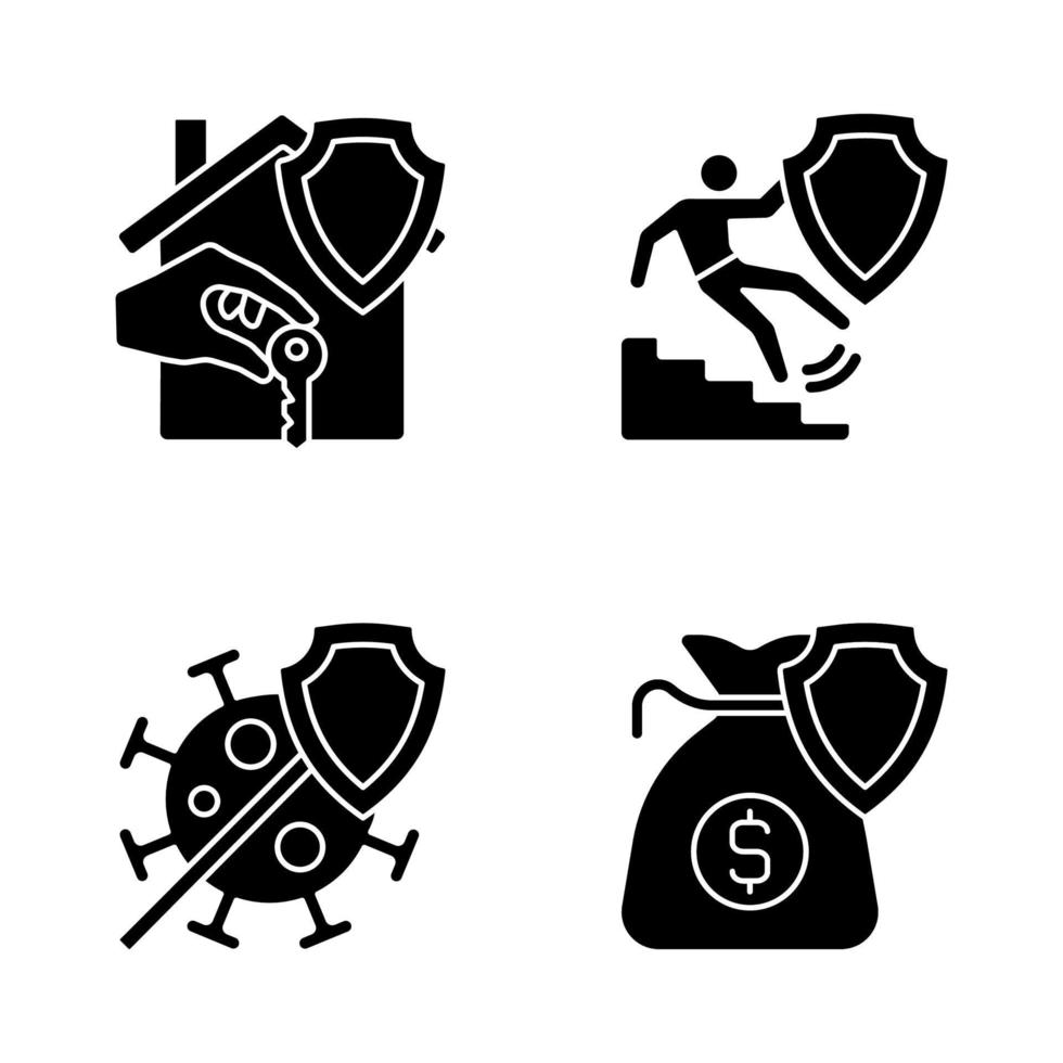 Types of insurance cases black glyph icons set on white space. Financial support at accidents. Insurance policy to protect customer. Silhouette symbols. Vector isolated illustration