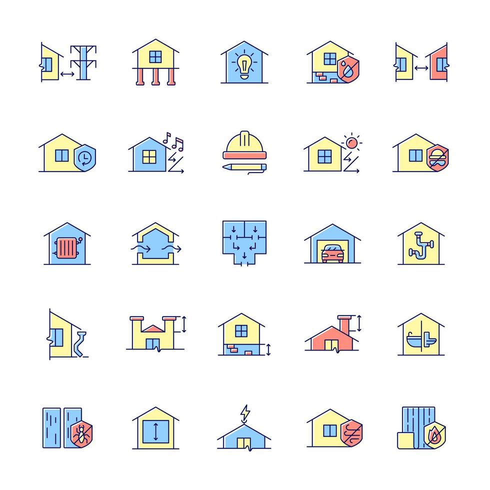 Building safety requirements RGB color icons set. Remodeling house. Standards for buildings design. New construction inspection. Isolated vector illustrations. Simple filled line drawings collection