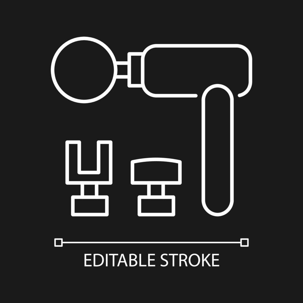 Percussive massage tool white linear icon for dark theme. Massage gun. Muscles, tissues massaging. Thin line customizable illustration. Isolated vector contour symbol for night mode. Editable stroke