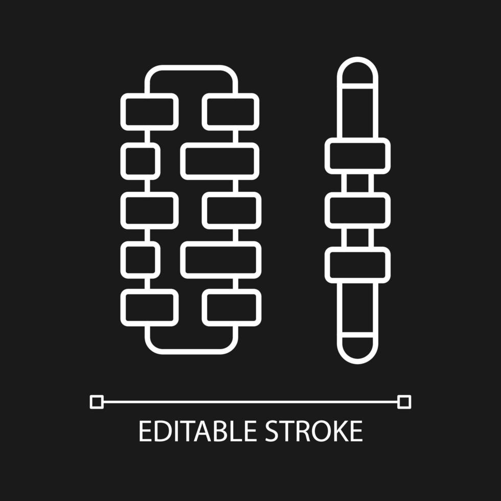 Massage roller sticks white linear icon for dark theme. Training and exercise with roller. Thin line customizable illustration. Isolated vector contour symbol for night mode. Editable stroke