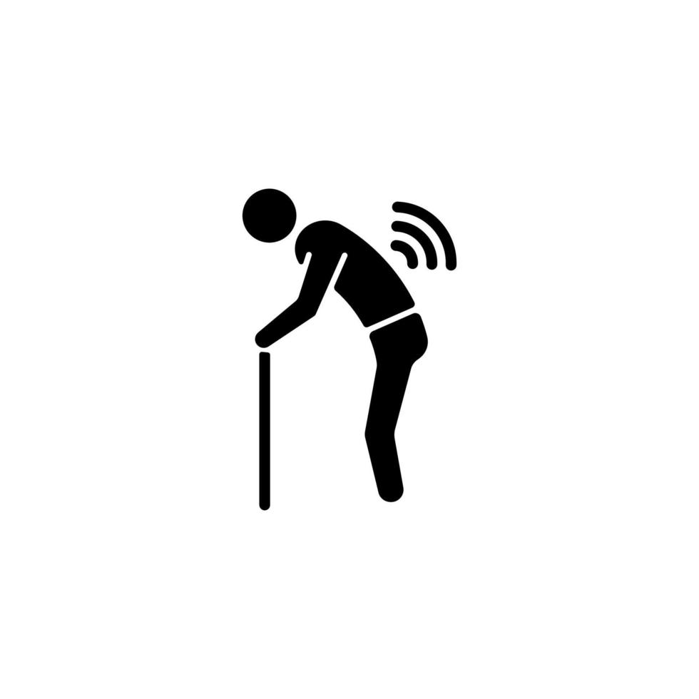 Risk factor linked to age black glyph icon. Elderly man with back ache. Increasing risk of spinal arthritis development. Silhouette symbol on white space. Vector isolated illustration