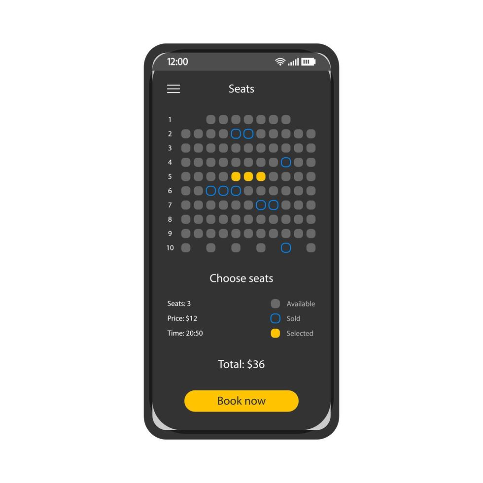 Movie seats booking smartphone interface vector template. Mobile app page black design layout. Cinema, concert tickets purchase screen. Flat UI for application. Online places reservation phone display