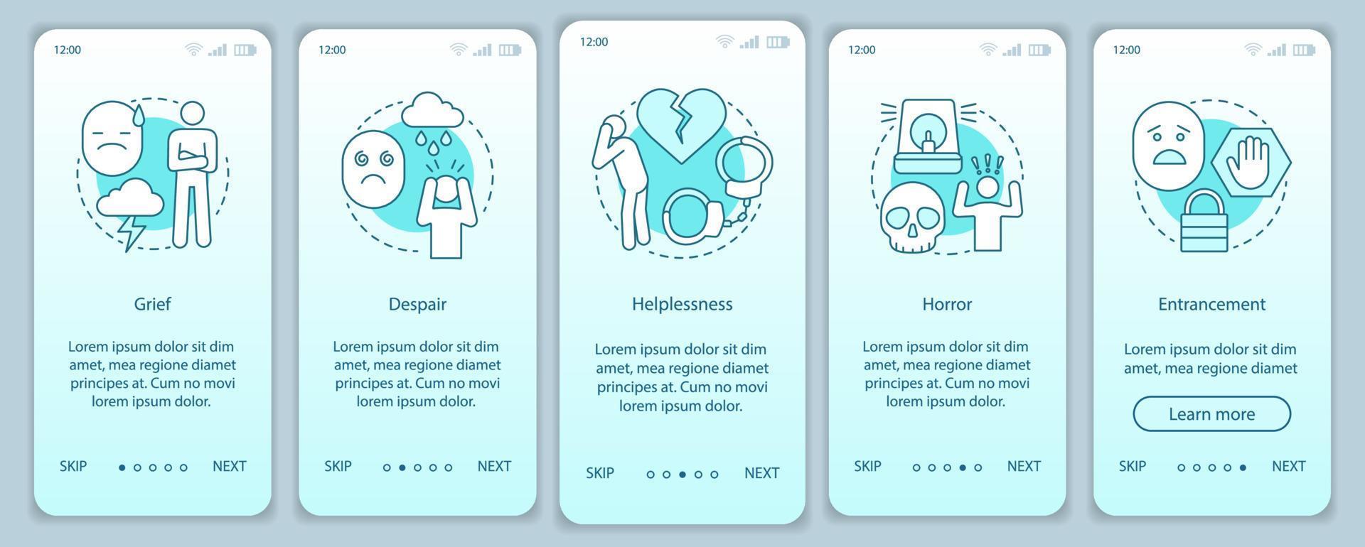 Hard feelings onboarding mobile app page screen vector template. Grief, despair, helplessness, horror. Walkthrough website steps with linear illustrations. UX, UI, GUI smartphone interface concept