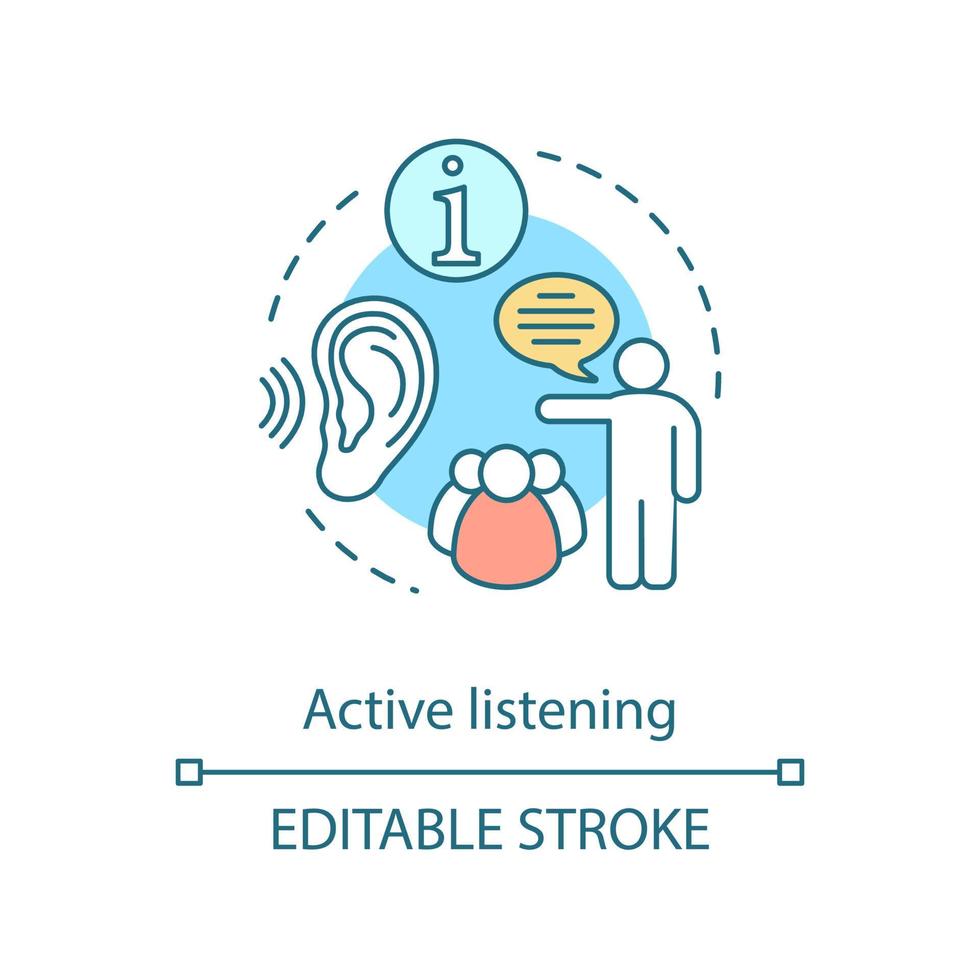 Active listening concept icon. Information transfer. Speaking man, group of people. Public speaking. Communication idea thin line illustration. Vector isolated outline drawing. Editable stroke