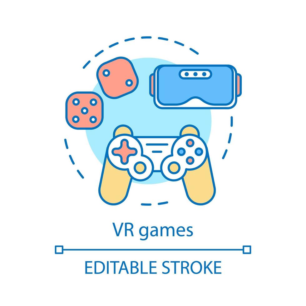 VR games concept icon. Game gadgets and devices. Headset, joystick. Virtual reality and cyberspace idea thin line illustration. Vector isolated outline drawing. Editable stroke