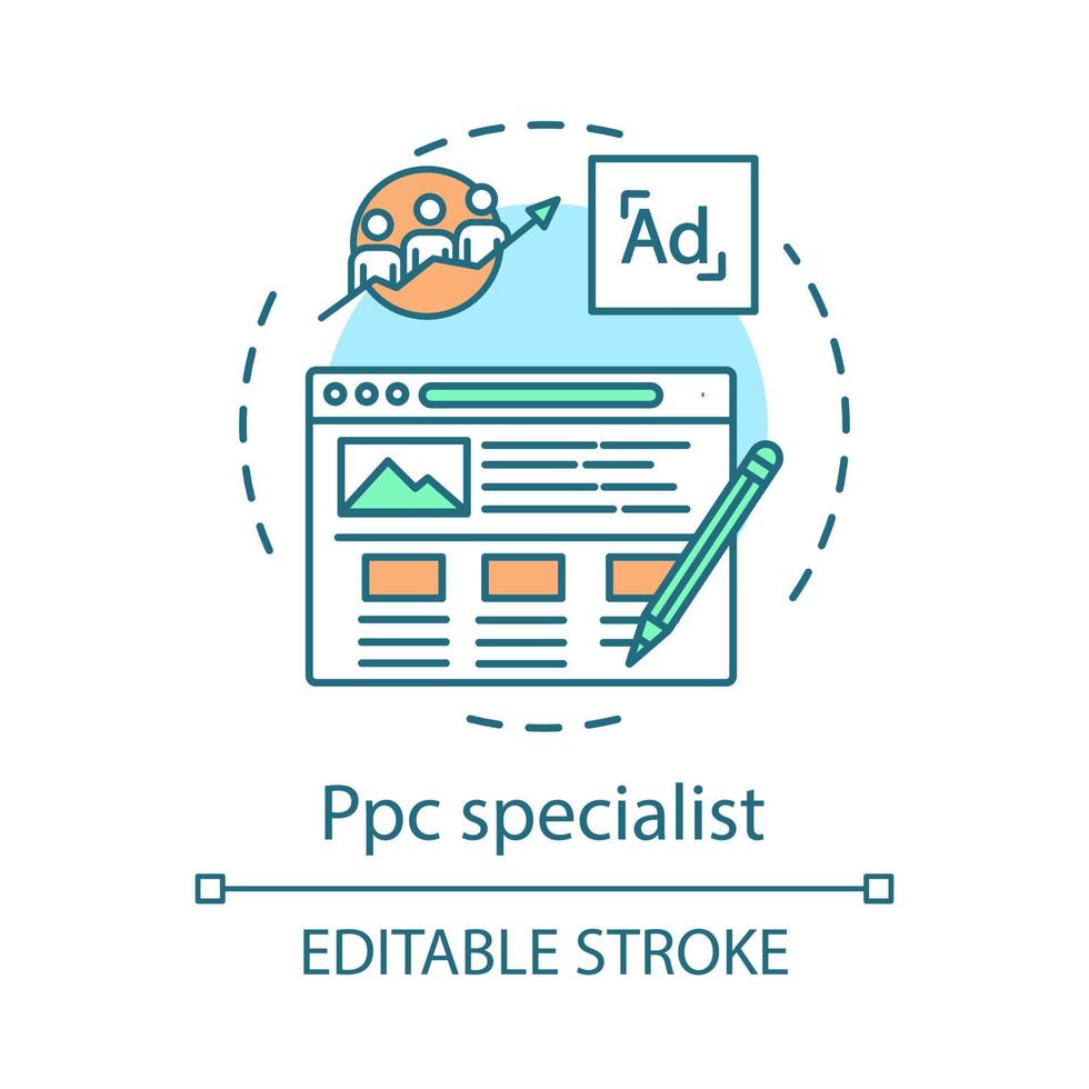 Ppc specialist concept icon. Copywriting idea thin line illustration. Digital marketing. Contextual ads. SEO manager. Online advertising. Targeting. Vector isolated outline drawing. Editable stroke