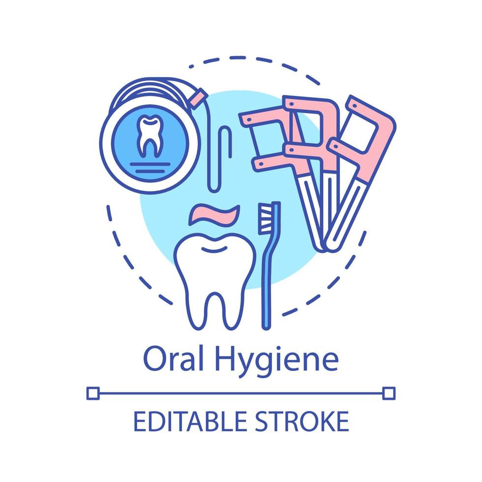 Oral hygiene concept icon. Tooth decay prevention. Dental floss, holder, toothpaste, toothbrush. Daily teeth care idea thin line illustration. Vector isolated outline drawing. Editable stroke