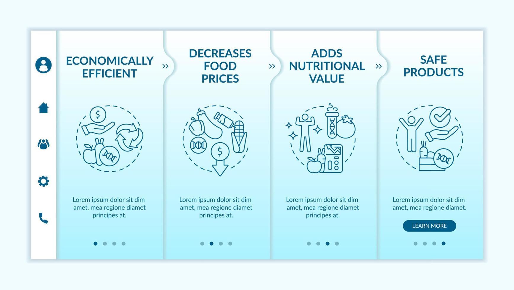 Advantages of gmo turquoise gradient onboarding template. Food issues. Responsive mobile website with linear concept icons. Web page walkthrough 4 step screens. Lato-Bold, Regular fonts used vector