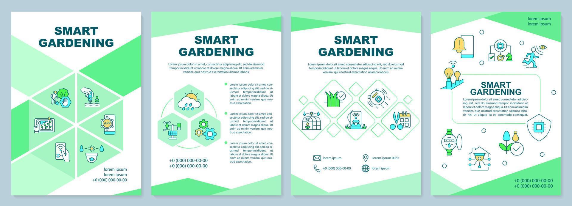 Smart gardening green brochure template. Automated systems. Leaflet design with linear icons. 4 vector layouts for presentation, annual reports. Arial-Black, Myriad Pro-Regular fonts used