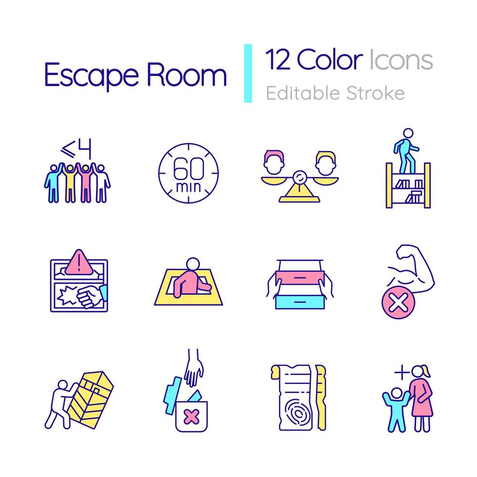 conjunto de iconos de color rgb de la sala de escape. entretenimiento familiar. regulaciones de seguridad. ilustraciones vectoriales aisladas. colección de dibujos de líneas llenas simples. trazo editable. fuente Quicksand-light utilizada vector